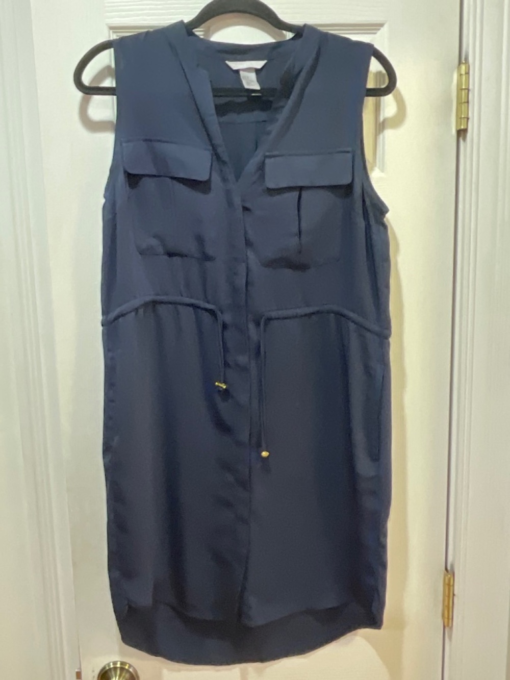 H&M Navy Blue Sleeveless Utility Shirt Dress Drawstring Size 8